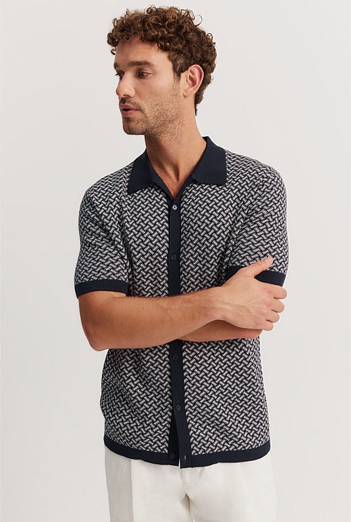 Navy Cotton Silk Jacquard Short Sleeve Shirt - Knitwear | Country Road