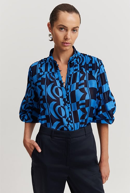 Blue Geo Print Pintuck Detail Blouse - Natural Fibres