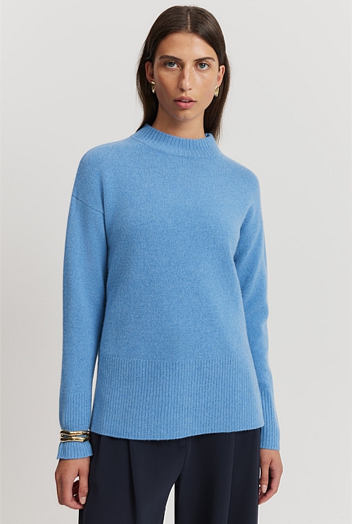 French Blue Australian Merino Wool Rib Detail Pullover - Natural  