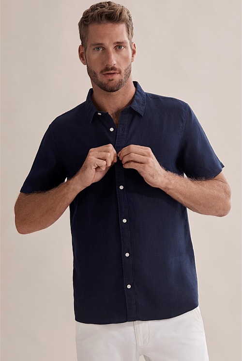 Baird McNutt Navy Irish Linen Short Sleeve Shirt