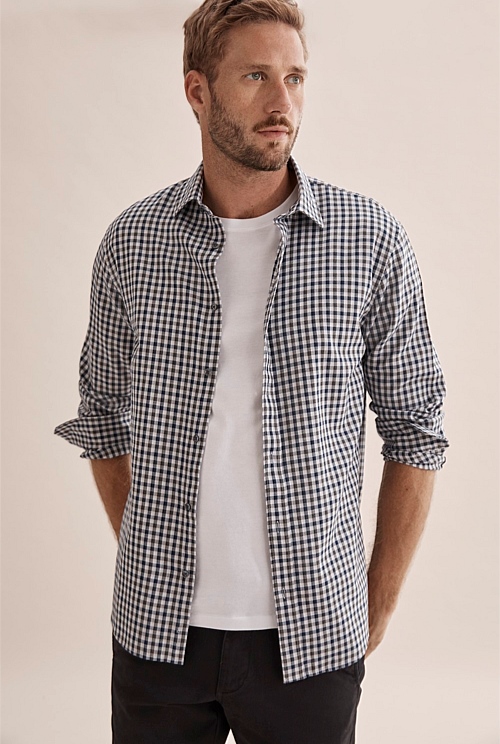 Grey Regular Herringbone Gingham Shirt Casual Shirts Country Road