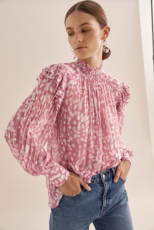 Dusty Rose Print Frill Detail Blouse - Shirts | Country Road