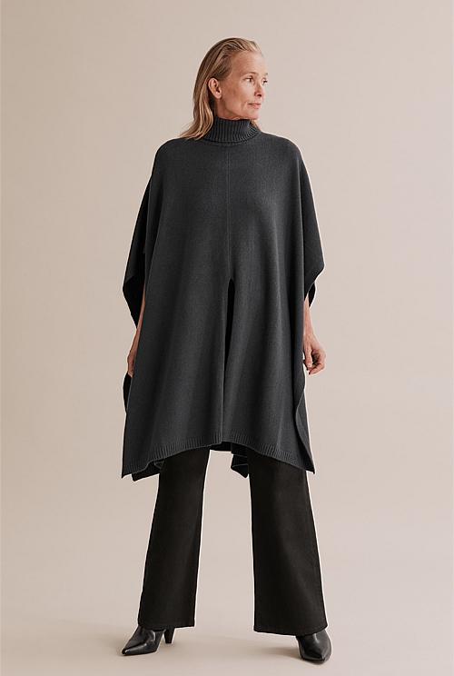 Charcoal High Neck Poncho - Knitwear | Country Road