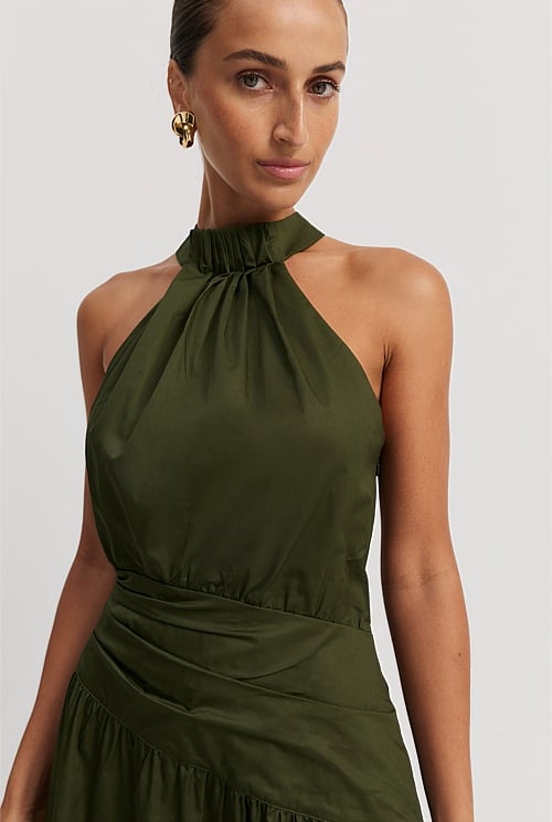 Dark Olive Organically Grown Cotton Halter Tuck Dress Dresses Country Road