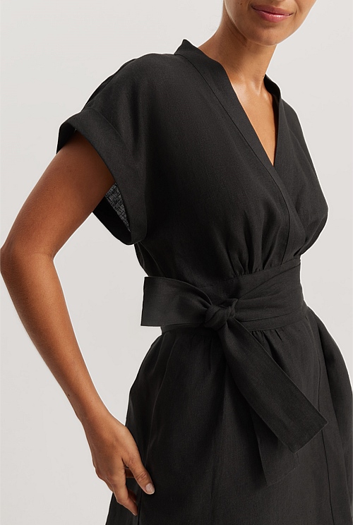 Black Organically Grown Cotton Linen Wrap Mini Dress Best Sellers Country Road