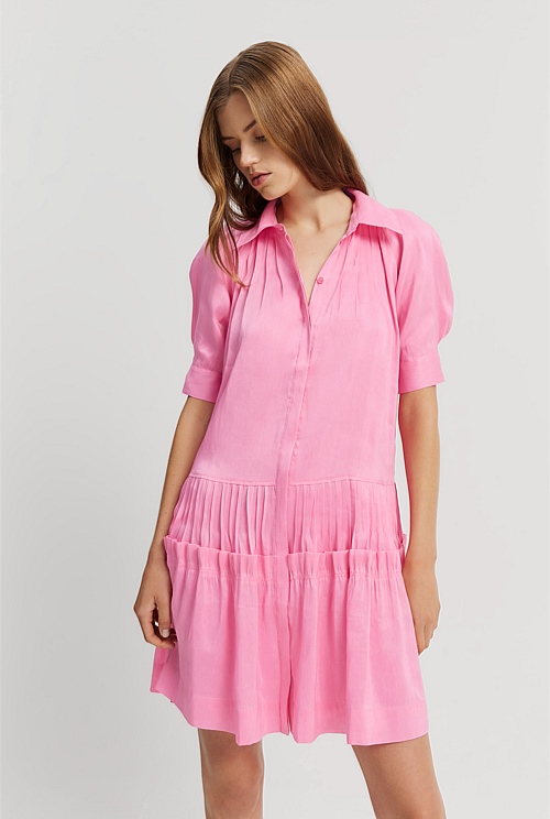 Ultra Pink Tuck Detail Short Sleeve Shirt Dress - Natural Fibres | Country  Road