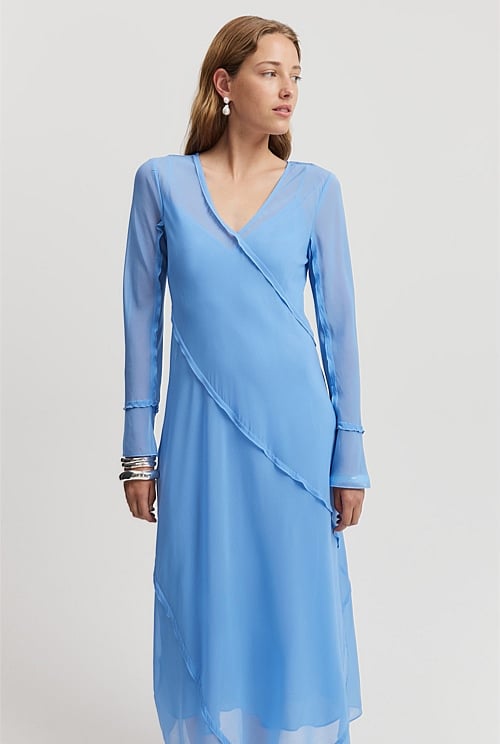 French Blue Georgette Long Sleeve Midi Dress Dresses Country Road