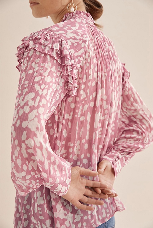 Dusty Rose Print Frill Detail Blouse - Shirts | Country Road